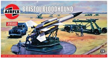 Airfix 1/76th A02309V Bristol Bloodhound Anti Aircraft Missile Battery Vintage Classic KitKit including the missile carrier, launch pad, Landrover and six figures including a security detail and guard dog. The Bloodhound was the standard RAF ground to air missile during the Cold War.