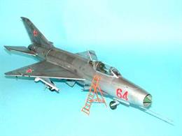 The MiG -21 F-13 was similar to the former version . It had a broader and lower fin and a different canopy. the armament also changed . The port NR-30 cannon was removed and the aircraft carried two underwing pylons with K-13 launch rails . The K-13 IR missile was identical to the first Sidewinders. The approx size of the model is fuselage 493mm, wingspan 225mm, landing gear and nose cone in metal, Requires polystyrene cement,super glue and paint to complete the model