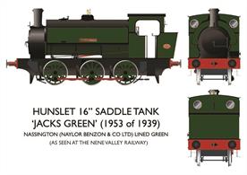 Model of Hunslet 16in 0-6-0 saddle tank locomotive works number 1953 Jacks Green built in 1939 finished in lined green livery as working at the Nassington Ironstone Quarries and carried in preservation at the Nene Valley Railway, Peterborough.DCC Sound fitted.
