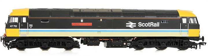 Highly detailed new model of the Brush/BR class 47 diesel locomotives, built from 1962 as British Rails' standard general purpose diesel locomotive type. 512 locomotives were constructed and almost 50 are still registered for service today. Bachmann designed a completely new class 47 model during 2020/21 incorporating an extraordinary level of locomotive-specific detailing, allowing almost any of the class to be modelled at any time period, complete with changes to external fittings, visible modifications and accident repairs.This model is finished as class 47/7 locomotive 47712 Lady Diana Spencer, one of the pull-push fitted locomotives for the Glasgow-Edinburgh shuttle service, in the ScotRail version of InterCity livery with light blue body stripe.