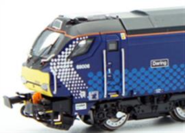 Dapol model of the DRS class 68 multi-purpose locomotives with the full co-operation of the builders, Vossloh, operator DRS and Chiltern Trains. The class 68s have been desgined with both passenger and freight service in mind. We can expect to see these engines deployed on many locomotive-hauled trains in the future, adding to the Chiltern and Caledonian Sleeper trains already being worked by the 68s.Model finished in ScotRail livery.