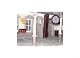 Pack contains simple kits to make 1 large Station Clock, 1 Litter Bin, 3 Fire Buckets and Rack, 4 Tannoy Speakers. Painting is required for realism.