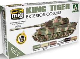 This set includes the necessary and accurate colors to paint the exterior of a King Tiger. From the characteristic Dunkegelb base colors and brown and green camouflage of many camouflage patterns, to the accurate colors for tools and tracks, including the white washable paint for winter camouflages. Although the set is a special edition for Takom’s King Tiger, it serves to paint any other King Tiger and many other German tanks during the end of the war. All 6 jars are acrylic and formulated for maximum performance both with brush and airbrush. The Scale Reduction-Effect will allow us to apply the correct color on our models. Water soluble, odorless, and non-toxic. Shake well before each use. Each jar includes a stainless steel agitator to facilitate mixture. We recommend A.MIG-2000 Acrylic Thinner for correct thinning. Dries completely in 24 hours.
