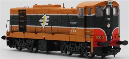 A detailed model of the CIE 121 class locomotives, the Irish Railways first EMD locomotive class, based on the American builders single cab switcher design.Model of locomotive 129 in the Iarnrod Eireann orange and black livery.