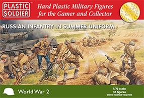 57 hard plastic 1/72 scale miniatures depicting WW2 Russian infantry in summer uniform as follows:6 junior officers/NCOs45 riflemen/SMGs6 light machine guns with loaders