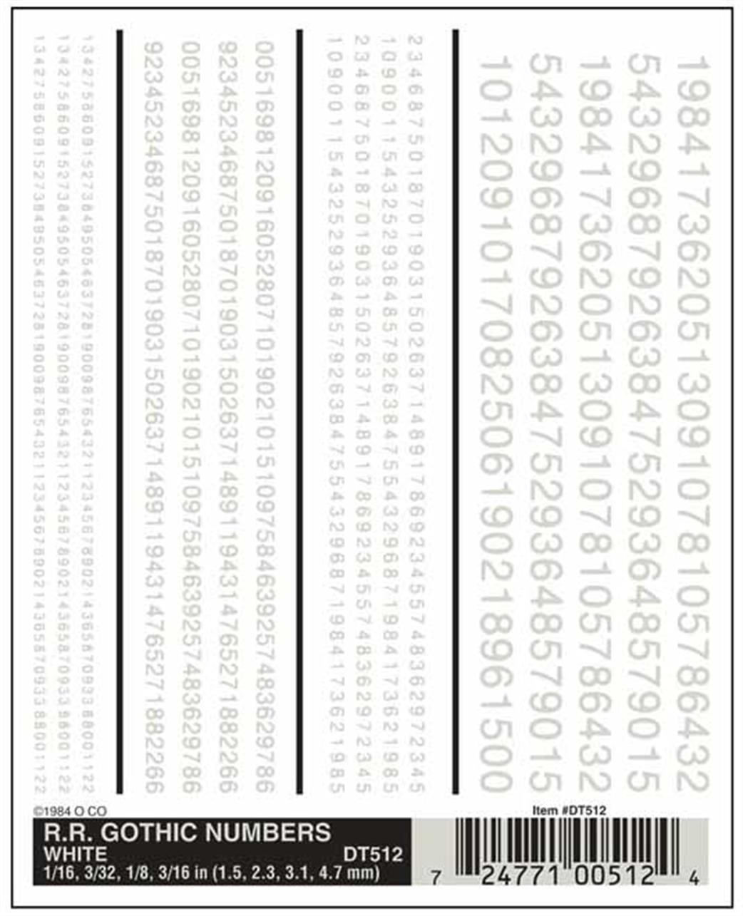 Woodland Scenics  DT512 Dry Transfer Decals Railroad Gothic Numbers White