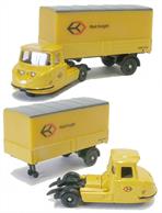 A very nice model of the Scammell Townsman, the final development of the well-known three-wheel mechanical horse. Painted in the bright yellow BR Railfreight livery thisÂ&nbsp;Townsman is drawing a box trailer painted to match the new tractor unit.model length 110mmÂ&nbsp;