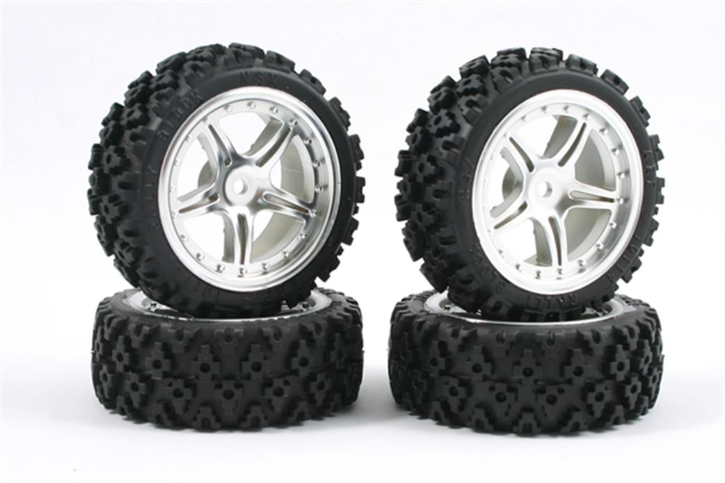 Fastrax 1/10 FAST0074C 5 Spoke Chrome Touring Wheels and  Rally Block Tyres Pack of 4