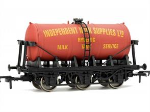 Dapol 4F-031-011 OO Gauge 6-Wheel Milk Tank Independent Milk Supplies LiveryNice model of a 6-wheel milk tank wagon with a red-brown painted tank owned by Independent Milk Supplies. These 6-wheeled tank wagons were designed to run at express train speeds, ensuring that the fresh milk was conveyed swiftly to Britains major cities. Often a daily round trip was operated from country dairy to London and back. These wagons are ideal tail traffic for your branch and local passenger trains, providing extra shunting for your trains to perform.