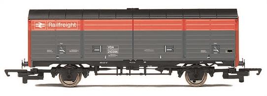 Model of a British Rail long wheelbase VDA box van finished in Railfreight grey and red livery.