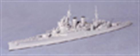 A 1/1250 scale metal model of HMS Renown in WW2 by Navis Neptun 1106.Renown was extensively re-built just before the start of WW2 with a block bridge instead of the tripod mast with its many platforms. Her subsequent service with Force H, roaming the Atlantic and western Mediterranean more than justified the expenditure of the modernisation.