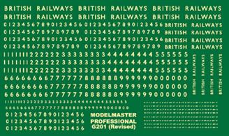 Modelmaster Decals MMG201 00 Gauge&nbsp; British Railways Steam Locomotive Lettering and NumbersGeneral Purpose Steam Locomotive Numbering SetLarge selection of Numbers 0 - 9 plus 'BRITISH RAILWAYS' lettering for loco sides in&nbsp;three sizes.Power Class &amp; Route Availability decals are also included.&nbsp;Straw colour lettering.