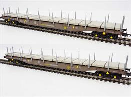 Pack of two Cargowaggon bogie flat wagons as used by train transfer specialists Railadventure as barrier wagons for coupling to multiple unit stock not equipped with conventional side buffers.