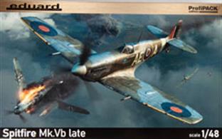 Profipack edition kit of British fighter plane Spitfire Mk.Vb in 1/48 scale. All Spitfires are later version with integrated armor glass in the windshield and have under the wings asymmetrical bulges.