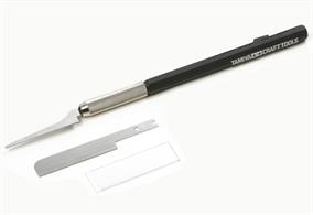 This handy tool is perfect for modifying plastic models or Mini 4WD machines, as well as woodcraft. Its blades are slightly thicker than Item 74018 Mini Razor Saw and therefore less prone to distortion or warping. The item includes 2 blades of different width, and features fine teeth which enable it to cut through a variety of materials while leaving a smooth finish. The 2 blades can be inserted into the included plastic grip, which features the Tamiya logo.
