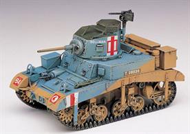 A very nice kit of the M3A1 Stuart used in the western desert during WWII. The kit has a fully detailed interior and allows the modeller to build British ,USA or Japanese captured versions in service.Requires polystyrene cement and paint to complete the model.