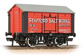 Model of a ridge-roof covered salt wagon in the livery of the Stafford Salt Works.These covered salt wagons were used to ensure rain could not damage the salt and as specialist vehicles remained in private ownership, running until replaced by more modern wagons in the 1960s.Era 3-5, 1923-1968