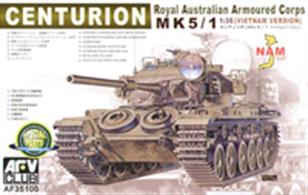 AFV AF35100 1/35 Scale Centurion Mk5/1 Tank Royal Australian Armoured Corps - VietnamOver 400 parts are included in the kit and features include,workable suspension, vinyl rims and tracks, metal barrel with rifling, metal co-ax machine gun, photo etch parts. Decals and full instructions are included.Glue and paints are required .