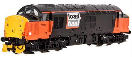 Detailed model of BR class 37/5 diesel locomotive 37513 finished in Loadhaul black and orange livery.The class 37/5 locomotives had been put through a heavy overhaul during which headcode boxes were removed and sealed beam headlights fitted, features reflected in this model of 37513.