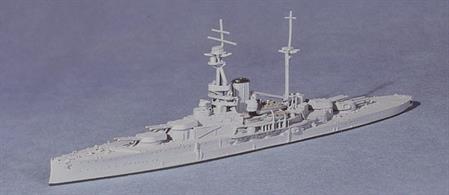A 1/1250 scale metal model, Navis's usual good representation of this famous British battleship that was launched just in time for WWI, as lead ship of the Revenge class battleships (often mis-labeled as the Royal Sovereign class). It consisted of 5 super-dreadnoughts, the HMS Revenge, Ramillies, Resolution, Royal Oak, and Royal Sovereign. These ships were built at a cost of £2.5 million, could travel at 22 knots, were 187 metres long, and held a crew of almost a thousand. The displacement was 31,500 tons, and they had 8 15 inch guns, 14 6 inch guns, a pair of 3 inch guns, and four torpedo tubes. A lot of firepower! HMS Revenge fought at Jutland without being hit and had no casualties. During this battle, she temporarily became the flagship of a vice admiral after his ship, HMS Marlborough was torpedoed. Revenge survived the war, and went on to play a limited role, mostly trans-Atlantic convoy escorts, during WW2. Scrapped in 1948, after surviving two world wars, she would have been a fine example of a battleship to preserve.
