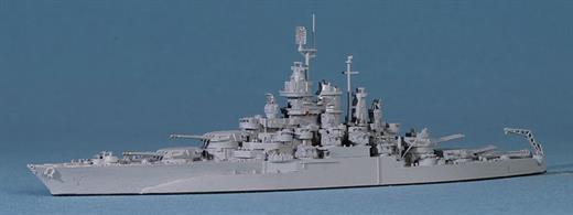 A 1/1250 scale metal model of USS California in 1944-45 by Neptun 1304A. California was at Pearl Harbor when the Japanese attacked the US Pacific fleet in 1941. Badly damaged and resting on the bottom after the attack, she was re-built to this form and returned to the Pacific Fleet after an absence of two years.