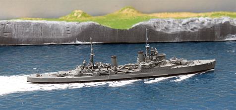 A 1/1250 scale metal model of HMS Birmingham, a town-class cruiser completed around the start of WW2. Birmingham differed from other members of the class, having a round bridge front and a hull without a knuckle near the bow.
