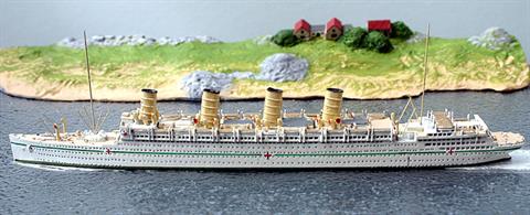 A 1/1250 scale model of HMHS Aquitania as a hospital ship. The model is cast in metal, assembled and painted and fully finished in hospital ship livery (white with buff funnels, green hull stripe and red crosses on the hull).