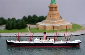 A 1/1250 scale metal model of the Leyland line ship Californian. Stopped due to sea ice Californian was within sight of Titanic at about 20 miles when Titanic sank and relived Carpathia in the fruitless search for further survivors. Californian was herself sunk in the Mediterranean during November 1915 by German submarine U35.