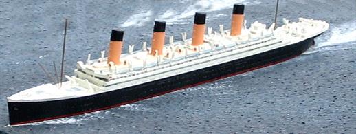 A 1/1250 scale metal, assembled and painted model of RMS Olympic. The first of the Olympic-class liners to be completed, she was known within the White Star Line as "Old Reliable".
