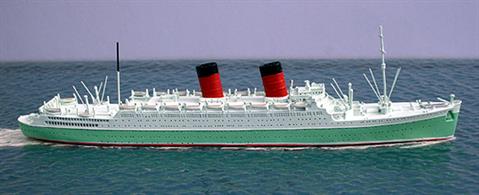 A 1/1250 scale metal model of Cunard's Mauretania (II) in the green cruise ship livery first worn by Caronia. Mauretania had been withdrawn from the transatlantic service when passenger numbers were hard hit by air travel and this livery was applied when she cruised full time.