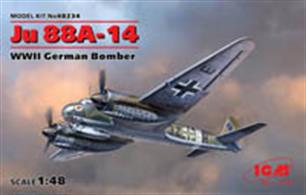 For the first time the A14 variant of the Ju88 is available from ICM.A brand new tooling in 1/48 the kit number is 48234