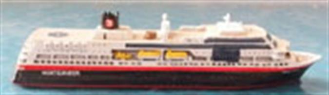 A 1/1250 scale model of Midnatsol of TFDS in 2003 in Hurtigruten colours by Albatros SM AL227A. One of the famous Hurtigruten coastal express ships, Midnatsol is sister-ship to Trollfjord. This was a new casting by Albatros in 2018.