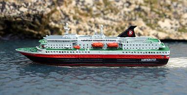 A new 1/1250 scale metal model version of the Kong Harald Norwegian Hurtigruten ship. Another of the famous Norwegian coastal express ships that also offer cruises to holiday makers this time presented in Hurtigruten livery worn in 2016.
