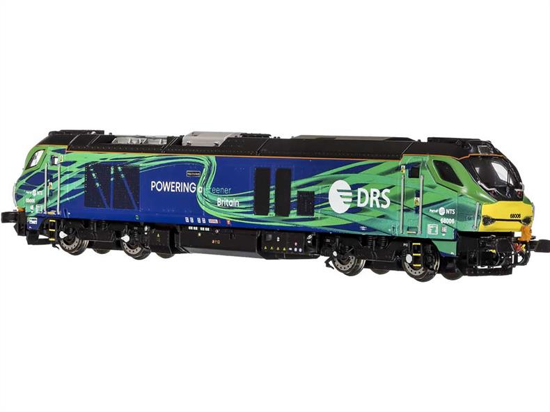 Dapol model of the DRS class 68 multi-purpose locomotives with the full co-operation of the builders, Vossloh, operator DRS and Chiltern Trains. The class 68s have been designed with both passenger and freight service in mind. Featuring a centrally mounted iron cored motor driving all four axles inside a highly detailed bodyshell with many separate parts and selectable directional lighting. DCC and sound options are also allowed for.Model finished as 68006 named Pride of the North in the latest DRS/NTS green Powering a greener Britain livery.