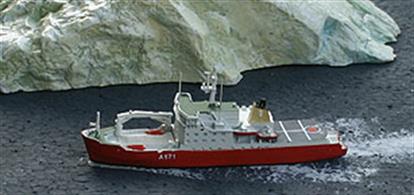 A 1/1250 scale metal model of the HMS Endurance A171 by Albatros Alk95A. This Endurance is the ice patrol ship that was first acquired in 1991 from  Norway and was the successor to the famous Falklands crisis ship. She lanquished in Portsmouth following a near sinking incident in 2008, until her final scrapping in Turkey in 2016. Her duties had been taken over by HMS Protector which is also available from Antics.