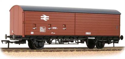 Detailed model of the BR VBA long wheelbase air braked covered box van with twin half-length sliding doors to give access to the entire length of the interior for loading by fork-lift trucks. This model carries the original bauxite livery from the 1970's.These long wheelbase air braked wagons were designed with greatly modernised suspension systems able to travel safely at speeds of 60mph. Higher train speeds and a network of dedicated fast freight services greatly improved BRs competitive position for wagonload freight.