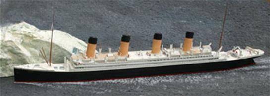 A 1/1250 scale waterline model of Titanic, the lLiner that struck an iceberg and sank on her maiden voyage (1912). The models is fully finished and painted (including the wooden decks) as shown in the photograph of the model.
