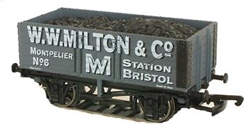 Our latest addition to the range of special edition wagons.W W Milton distributed coal from Montpelier railway station in Bristol, on the GWR/LMS joint line to Avonmouth. Wagon number 6 was photographed in January 1910 when taken on hire fromï¿½ï¿½the Gloucester RCW Co.ï¿½ï¿½painted lead grey with white lettering. W W Miltonï¿½ï¿½used a monogram logo on the side door of his wagon, combining the lettersï¿½ï¿½W and M.ï¿½ï¿½S Brookman, who also traded from Montpelier station, had a similar SB monogram painted on his wagons.W W Miltons' later wagons were paintedï¿½ï¿½a chocolate brown colour.Supplied with a limited edition certificate