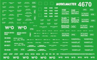 Modelmaster Decals MM4670 00 Gauge War Department Wagon Logos, Numbers &amp; Panels 1940-1990War Department Wagon numbers &amp; panels, suitable for 1940s to 1990s.&nbsp;Sheet covers wagons owned&nbsp;or leased by the War Deaprtament and Ministry of Defence from the 1940s WW2 era heavy-duty tank carriers to the 1990s TOPS era international service vans and container flat wagons used to supply British forces stationed in Europe.