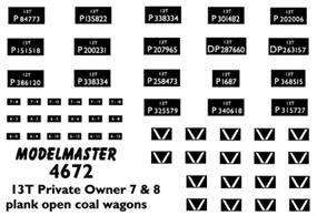 Modelmaster Decals MM4672 00 Gauge Lettering for Former Private Owner Wagons in British Railways Service 1948-1960sB.R 1948-1960s Numbers for ex wooden bodied private owner wagons in B.R. Service. 
