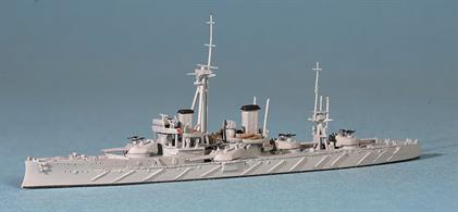 A highly detailed metal model in 1/1250 scale of the HMS Dreadnought, the first all big gun battleship to enter service in the 20th century. Modelled here with torpedo nets (1907 to 1915), the model represents Dreadnought when operating with the Atlantic, later the Grand Fleet. In 1915 she was re-fitted and became flagship of the Channel Fleet.