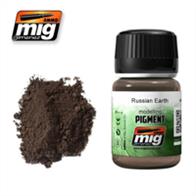 MIG Productions 3014 Russian Earth weathering Pigment  35ml Jar. Dark earth colour suited for producing mud and dust.High Quality pigment, superfine and made from natural products for exclusive use in modelling. This colour is especially designed to make effects to your models using the techniques that Mig Jimenez created more thana decade ago