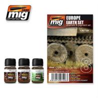 MIG Productions 7408 Weathering Enamels Pigment - Europe EarthHigh quality enamel paint - 3 tones. 3 jars each containing 35ml.Suitable for weathering any vehicle used in Europe