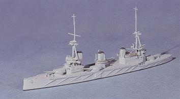A 1/1250 scale metal model of HMS New Zealand by Navis Neptun 125N. Flagship of the older Battle Cruisers at Jutland, she appears to have been the only Royal Navy battlecruiser with anti-torpedo nets in the battle. Sister-ship HMS Indefatigable was not carrying the nets and may well have been in her 1915 camouflage with a blue rectangle on the hull sides amidships at this time.