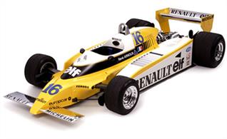Super-detailed turbocharged 6 cylinder engine Moveable Side Skirts Semi-pneumatic rubber tires Steerable front wheels Detachable cowling Model depicts No.16 Rene Arnoux?s RE-20 Turbo at the 1980 Long Beach GP Includes photo-etched parts to depict radiator, intercooler, oil cooler and brake disc
