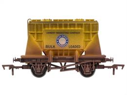 Model of a BR Presflo bulk cement wagon operated by the Cement Marketing Company in bright yellow livery and carrying the company's well-known Blue Circle Cement branding.Weathered finish, as these cement wagons weathered rapidly from cement spillages gathering even more of the general railway dirt and grime.