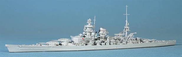 A 1/1250 scale waterline model of Scharnhorst in 1943 by Neptun 1003B.This model represents Scharnhorst as she was when sunk at the Battle of North Cape just after Christmas 1943 by HMS Duke of York, cruisers and destroyers.