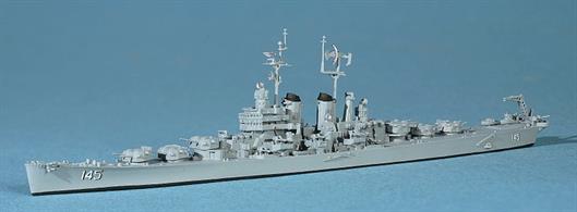 Roanoke is a Worcester-class cruiser designed in 1941 to carry a rapid firing D.P. 6" gun. This class was delayed by the production of wartime standard designs and Roanoke was only completed in 1948.  This model represents Roanoke in 1956, not as completed.