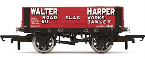 Model of a 4 plank open roadstone wagon in the livery of Walter Harper, owner of the Road Slag works at Dawley, producing hard wearing road stone materials from the slag waste of iron making processes.Era 2.