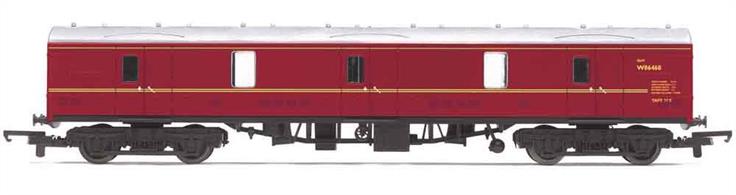 Model of the British Railways standard design 57ft length general utility van. These vans were equipped with side and end doors for loading a wide range cargo, from general parcels through express mail and newspaper traffic to motor cars as part of car-carrier MotoRail trains.Model finished as Western region allocated van W86468 in BR maroon livery.